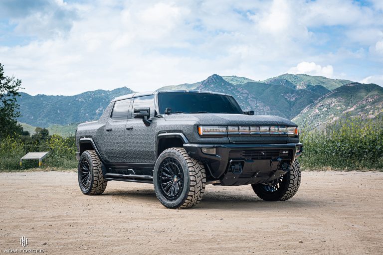 GMC Hummer EV on the ADM Forged PF101-8 performance series forged monoblock with aero disc in the Gloss Black finish.