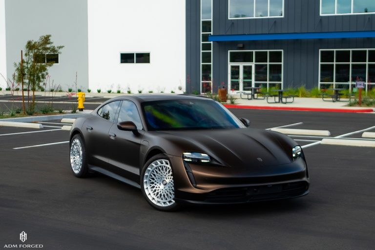Porsche Taycan on the ADM Forged AR104 Aero Series forged monoblock in the Brushed finish.