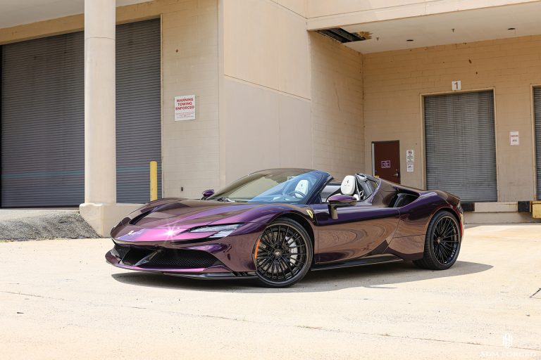 Ferrari SF90 on the ADM Forged PF305 in the Gloss Black center and Carbon out lip finish with center cap cut for OE Ferrari.