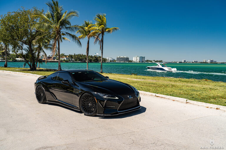 Lexus LC500 on the ADM Forged RT101 Retro Series in a Gloss Black finish with center cap cut for OE Lexus application.